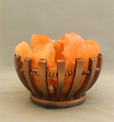 Himalayan Salt Lamp Fire Bowl - with Copper Coloured Wooden Bowl