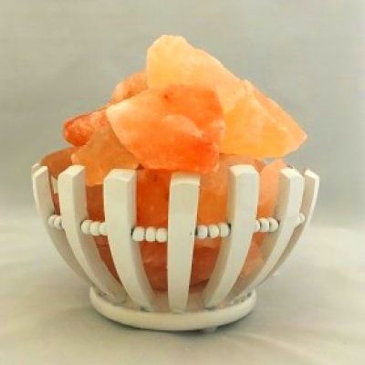 Himalayan Salt Lamp Fire Bowl with Raw Himalayan Salt Chunks in a White Coloured Wooden Bowl
